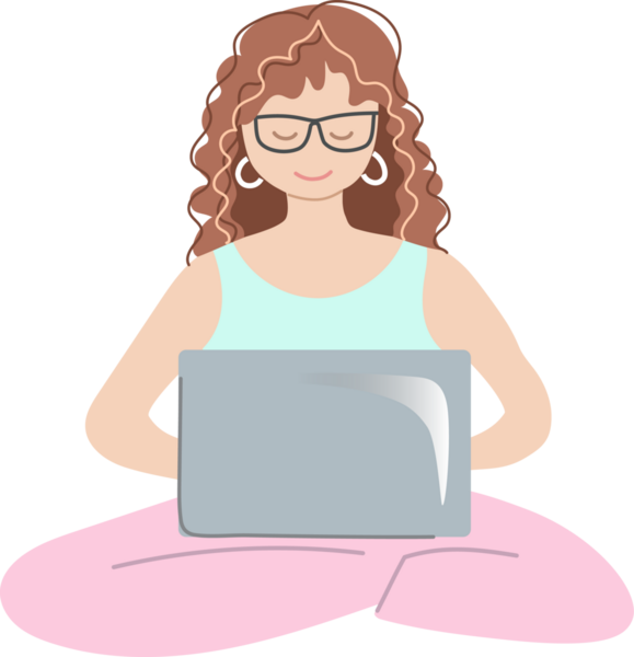 Evde dizüstü bilgisayarla çalışan bir kadın. El çizimi illüstrasyon