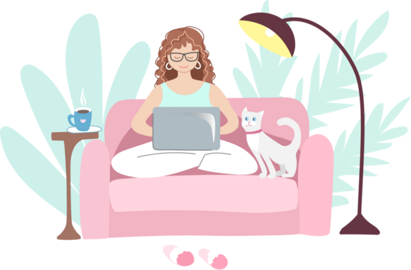 Evde kedisiyle birlikte dizüstü bilgisayarda çalışan bir kadın. El çizimi illüstrasyon