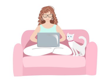 Evde kedisiyle birlikte dizüstü bilgisayarda çalışan bir kadın. El çizimi illüstrasyon