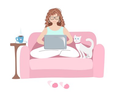 Evde kedisiyle birlikte dizüstü bilgisayarda çalışan bir kadın. El çizimi illüstrasyon