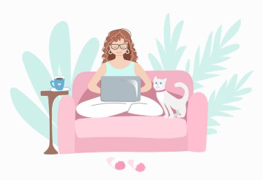 Evde kedisiyle birlikte dizüstü bilgisayarda çalışan bir kadın. El çizimi illüstrasyon