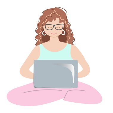 Evde dizüstü bilgisayarla çalışan bir kadın. El çizimi illüstrasyon