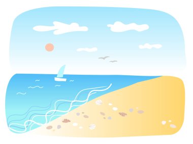 Deniz kıyısı manzarası. El çizimi illüstrasyon