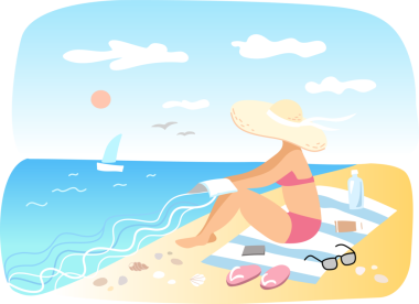 Kadın kumsalda güneşleniyor.