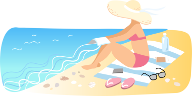 Kadın kumsalda güneşleniyor.