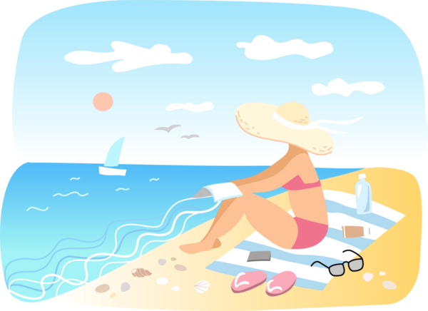 Kadın kumsalda güneşleniyor.