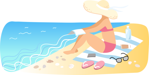 Kadın kumsalda güneşleniyor.