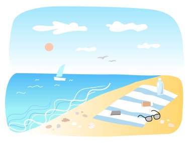 Deniz kıyısı manzarası. El çizimi illüstrasyon