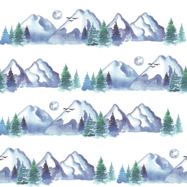 Dağlarla kusursuz bir düzen. Suluboya çizimi