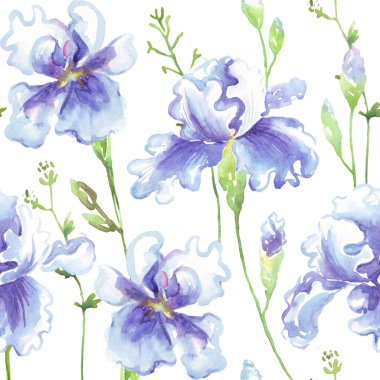 Mavi suluboya süsen ile kusursuz çiçek deseni