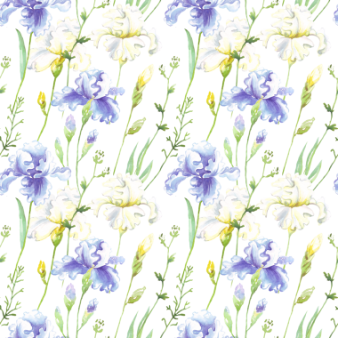 Mavi ve beyaz suluboya süsen desenli kusursuz çiçek deseni