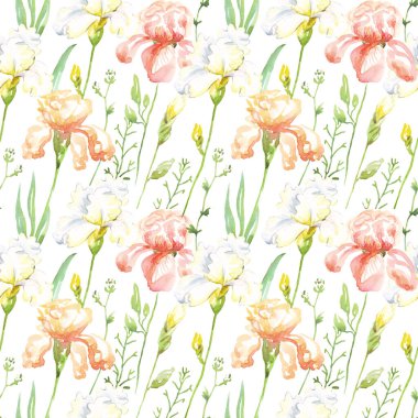 Suluboya beyaz ve turuncu süsenli kusursuz çiçek deseni.