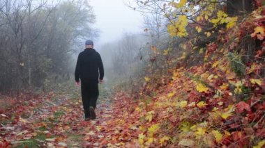 Siyah eşofmanlı bir adam sabah sisli sonbahar yapraklarıyla kaplı bir patika boyunca yürür.