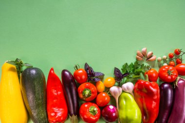 Açık yeşil arka planda taze taze organik sebzeler. Kopya alanı ile sonbahar hasat kavramı