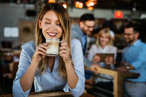 Portrait Happy Young Successful Business Woman Drinking Coffee Break Background — 스톡 사진