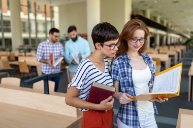 Eğitim kampüsü arkadaşlığı kavramı. Bir grup mutlu öğrenci üniversite kütüphanesinde birlikte öğreniyor.