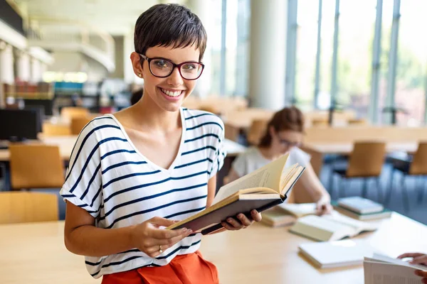 Happy Group Students Studying Working Together College Library Education People — Stock Photo, Image