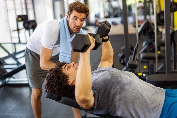 Fitness Esporte Exercício Conceito Dieta Homem Apto Feliz Exercitando Junto — Fotografia de Stock