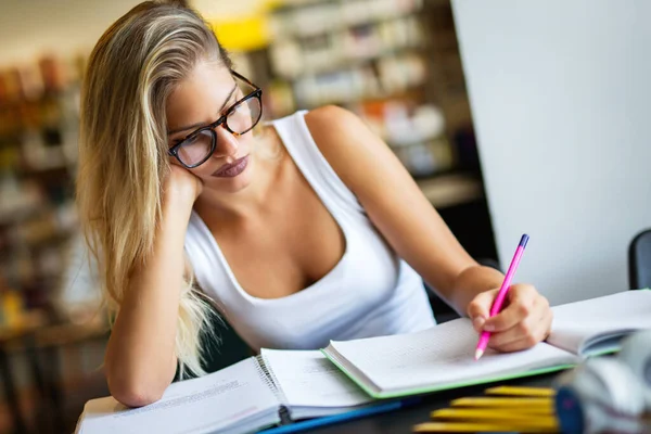 Happy Young Female Studying Preparing Exam College Library Study Education — Stock Photo, Image
