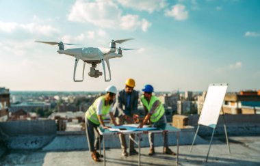Team of architects people in group on construction site checking documents and business workflow