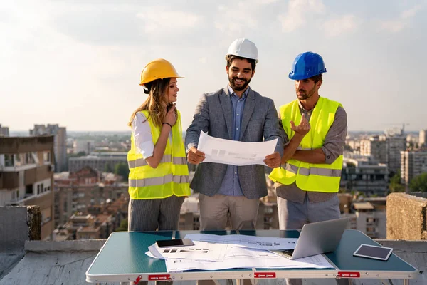 Group Engineers Architects Business Partners Construction Site Working Together Architect — Stock Photo, Image