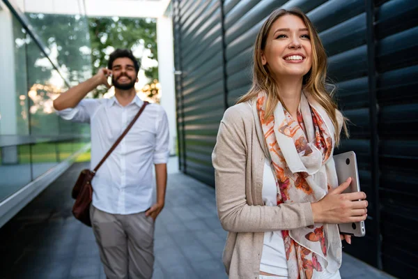 Portrait Successful Happy Cheerful Young Business People Talking Walking Outdoors — Stok Foto