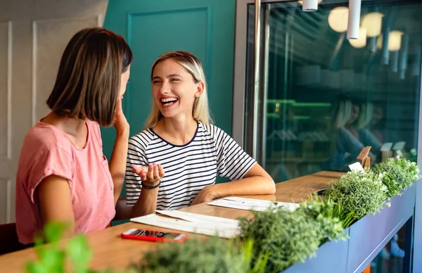 Portrait Two Beautiful Women Having Fun Together Chatting Cafe People — Stock Photo, Image
