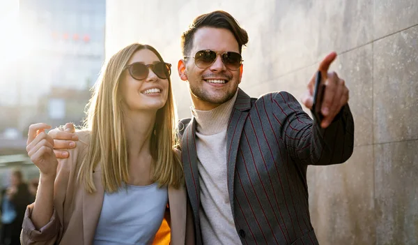Young Successful Happy Couple Having Fun City Together People Shopping — Stock Photo, Image
