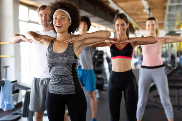 Group Young Fit People Friends Smiling Enjoy Sport Gym People — Stock Photo, Image