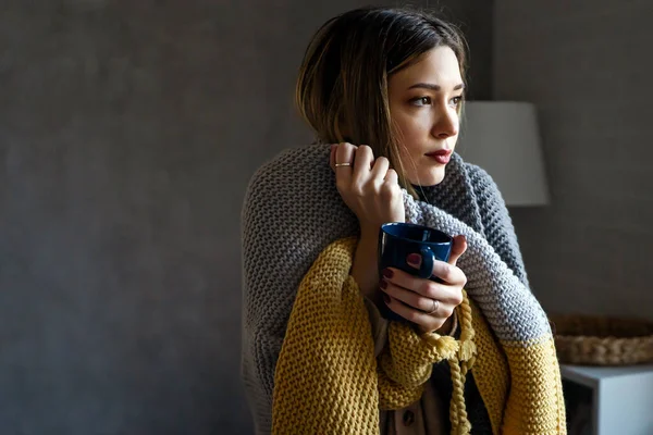 Sad Sick Young Woman Wrapped Blanket Drinking Hot Tea Trying — Stock Photo, Image
