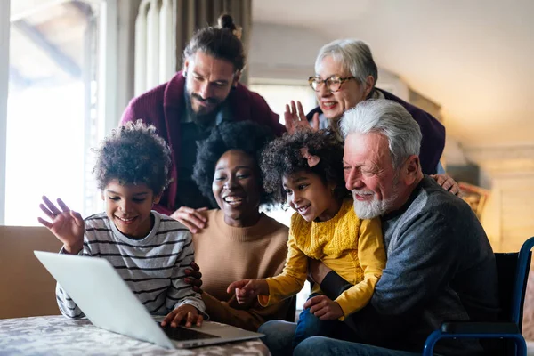 Happy Multigeneration Multiethnic Family Gathering Notebbok Having Fun Video Call — Stock Photo, Image