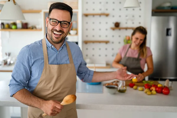Portrait Handsome Young Happy Man Cooking Home Preparing Food Kitchen — Stock Photo, Image