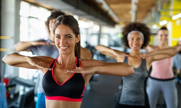Group Young Fit People Friends Smiling Enjoy Sport Gym People — Stock Photo, Image