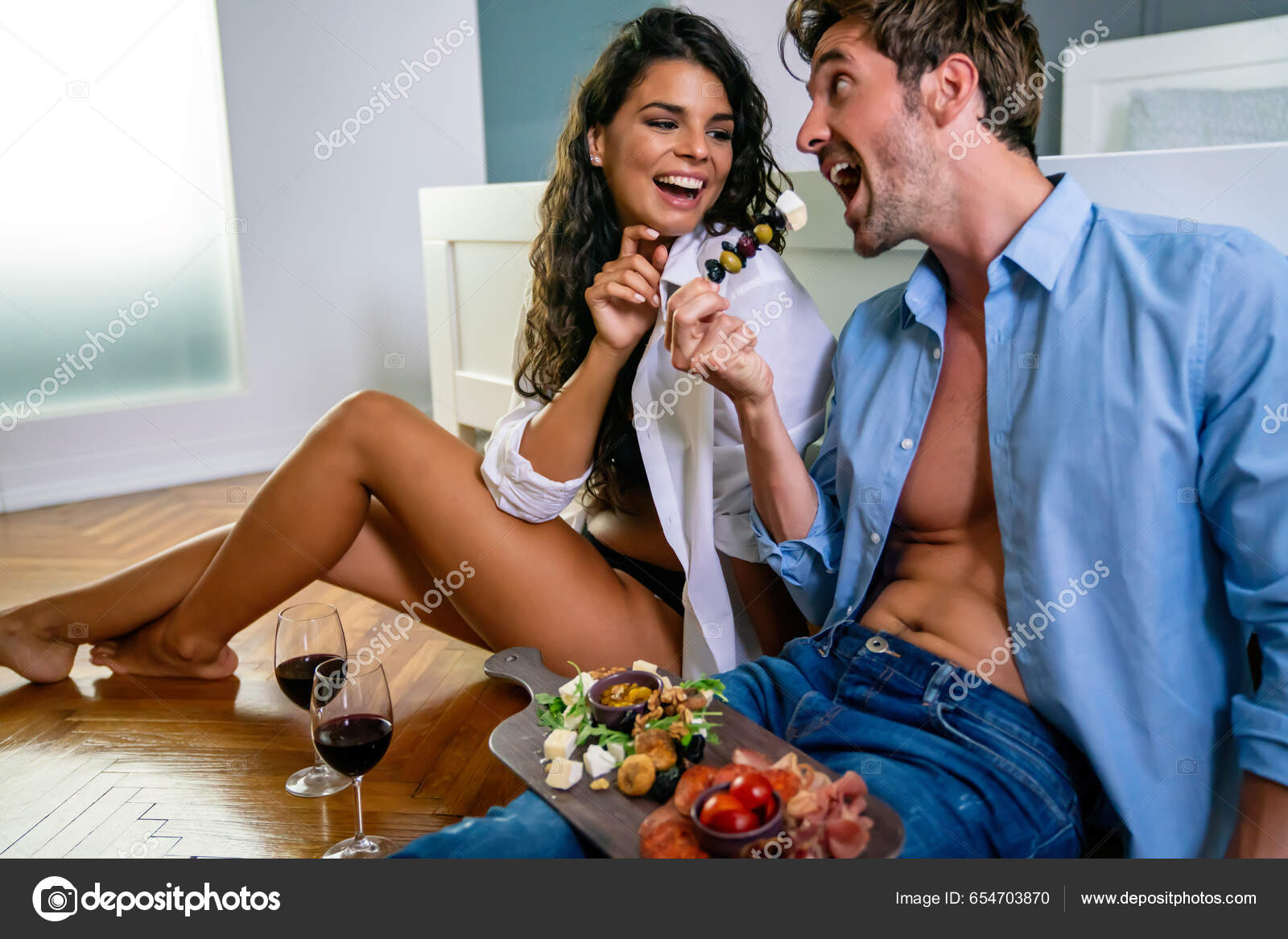 Portrait Happy Sexy Couple Enjoying Sensual Moments Together Food Wine  Stock Photo by ©nd3000 654703870
