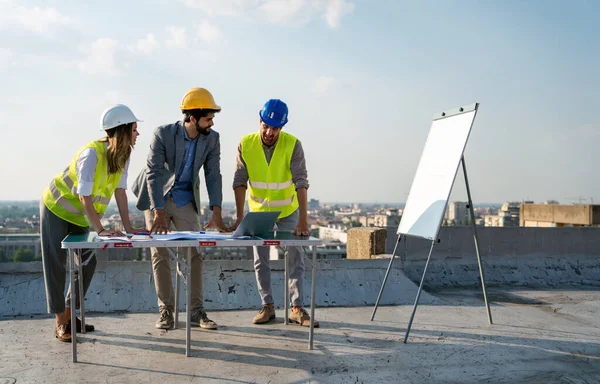 Diverse Team Specialists Computer Construction Site Real Estate Building Project — Stock Photo, Image