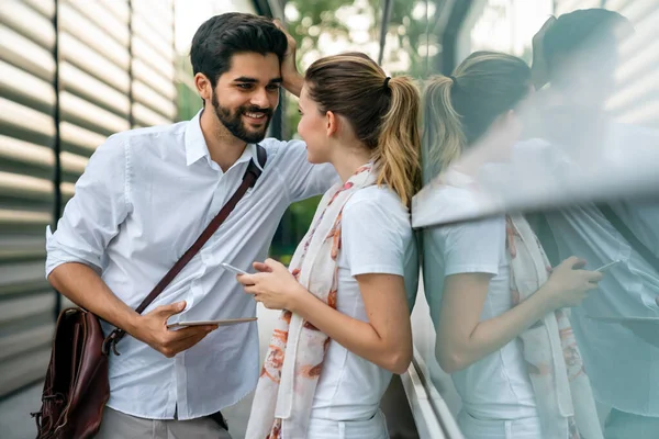 Portrait Successful Happy Cheerful Young Business People Talking Walking Outdoors — Stock Photo, Image