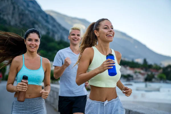 Group Cheerful Fit Fitness Friends Team Exercising Together Outdoor Sport —  Fotos de Stock