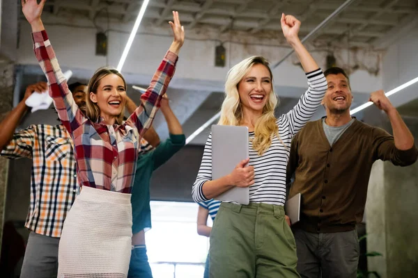 Happy Young Successful Multiethnic Business Team Celebrating Triumph Arms Startup — Stock Photo, Image