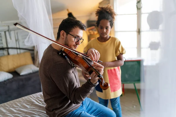 Single Father Adopted Daughter Playing Instrument Together Adult Man Playing — Stock Photo, Image