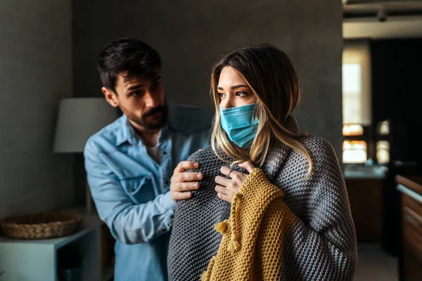 Young Woman Suffering Cold Flu Cancer Husband Taking Care His — Stock Photo, Image
