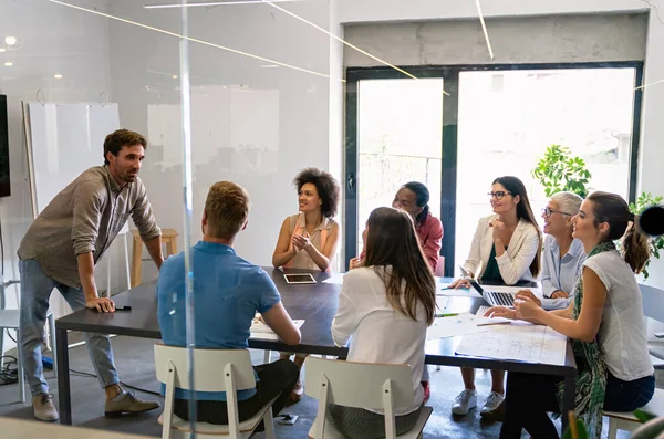 Smiling Diverse Colleagues Gather Boardroom Brainstorm Discuss Financial Statistics Together — Stock Photo, Image