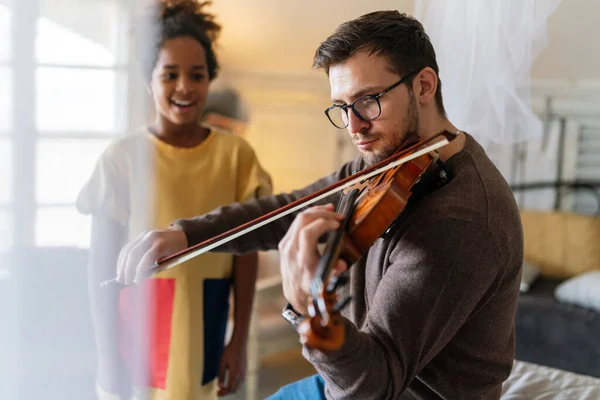 Music Much Fun Young Father Teaching His Little Adopted Daughter — Stock Photo, Image