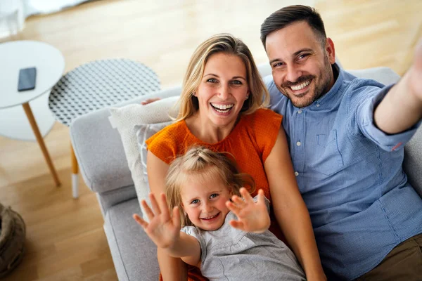 Parents Having Fun Little Daughter Home Family Spending Time Morning — Stock Photo, Image