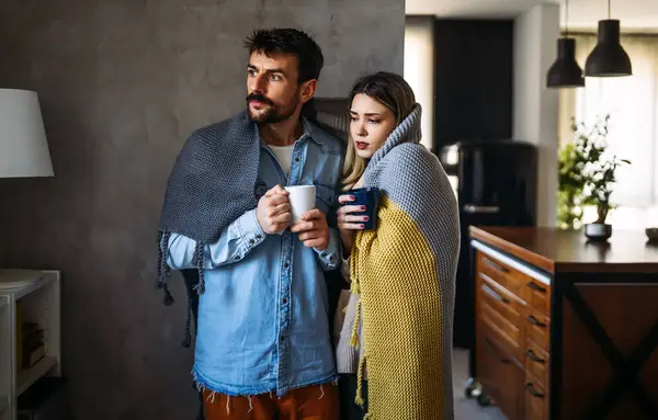 Sad Sick Young Couple Wrapped Blanket Drinking Hot Tea Trying — Stock Photo, Image