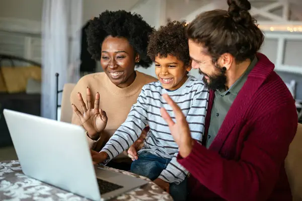 Happy Diverse Multiethnic Family Gathering Laptop Having Fun Video Call — Stock Photo, Image