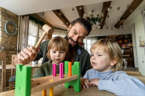 Playtime Cheerful Loving Father Playing Colorful Blocks His Little Sons Royalty Free Stock Photos
