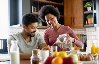Mutlu çift mutfakta birlikte kahvaltı ediyor.