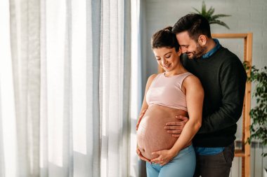 Aşk, şefkat, ilişki ve yeni aile kavramı. Aşık bir adam hamile karısına sarılır, birlikte bebeklerin gelmesini beklerler.