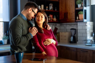 Aşk, şefkat, ilişki ve yeni aile kavramı. Aşık bir adam hamile karısına sarılır, birlikte bebeklerin gelmesini beklerler.