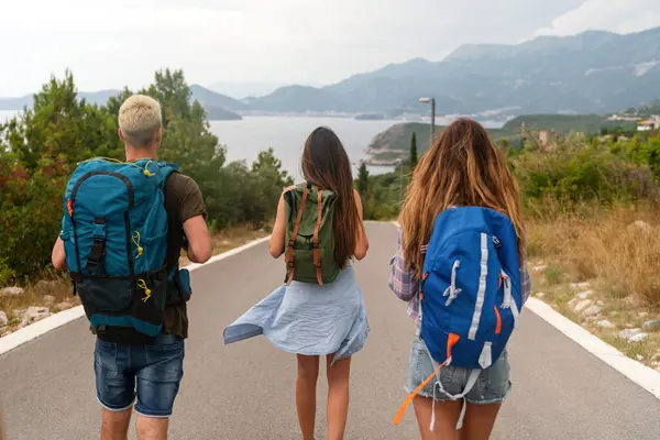 Yolculukta keyifli arkadaşlar, yol kenarında eğlenin ve yaz tatilinin tadını çıkarın.
